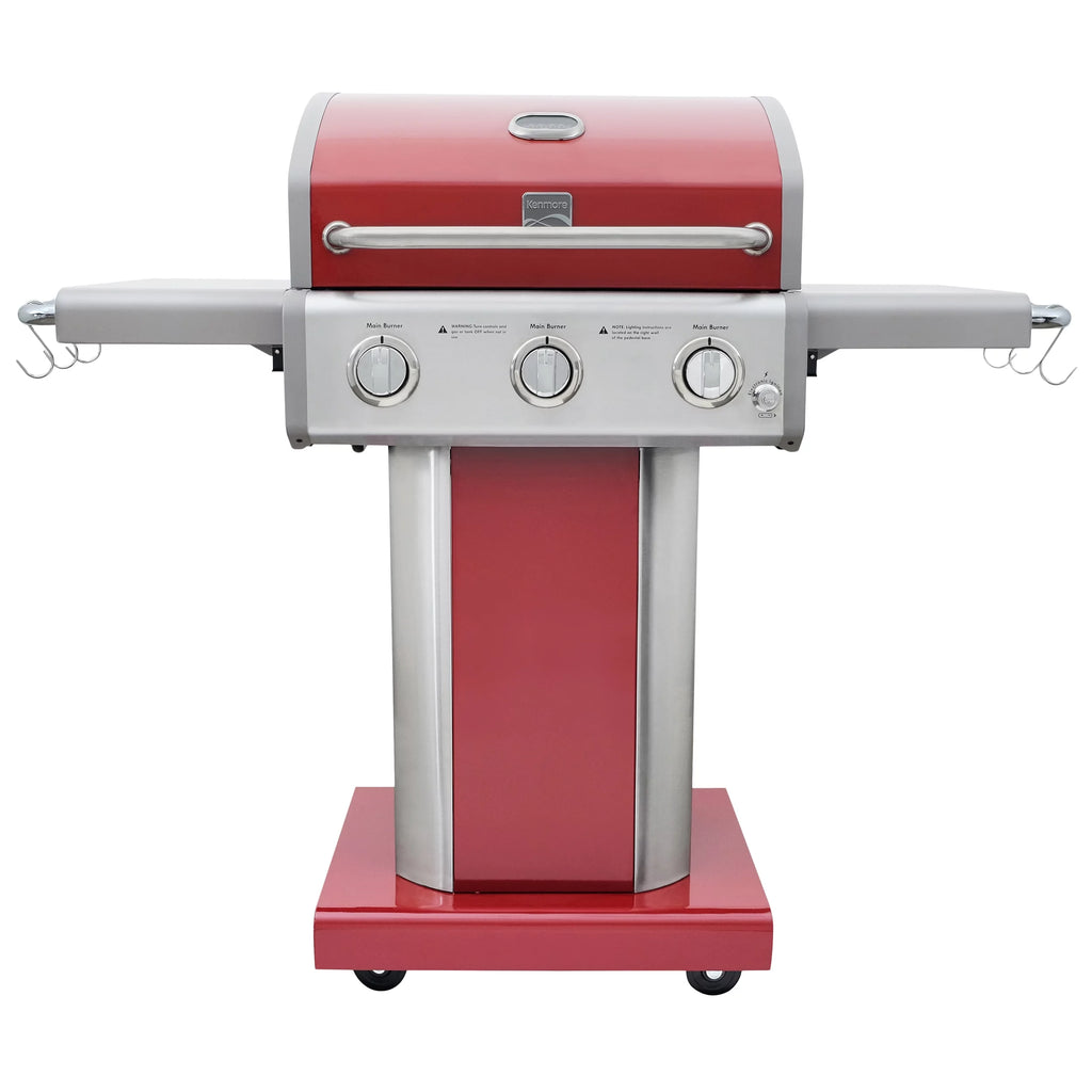 Kenmore 3-Burner Gas Grill, Outdoor BBQ Grill, Propane Grill with Foldable Side Tables, Red