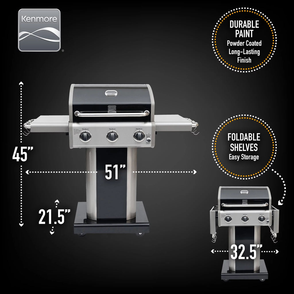 Kenmore 3-Burner Gas Grill, Outdoor BBQ Grill, Propane Grill with Foldable Side Tables, Black