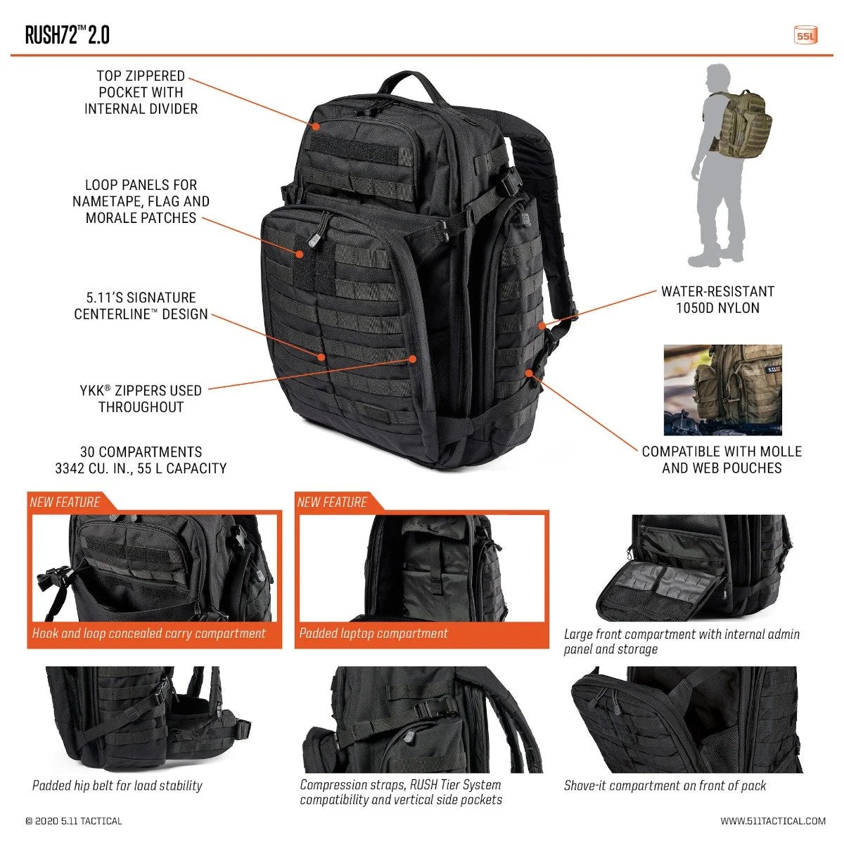 5.11 Work Gear Backpack  Rush 72 2.0  Pack and Laptop Compartment, 55 Liter, Large, Style 56565  Black