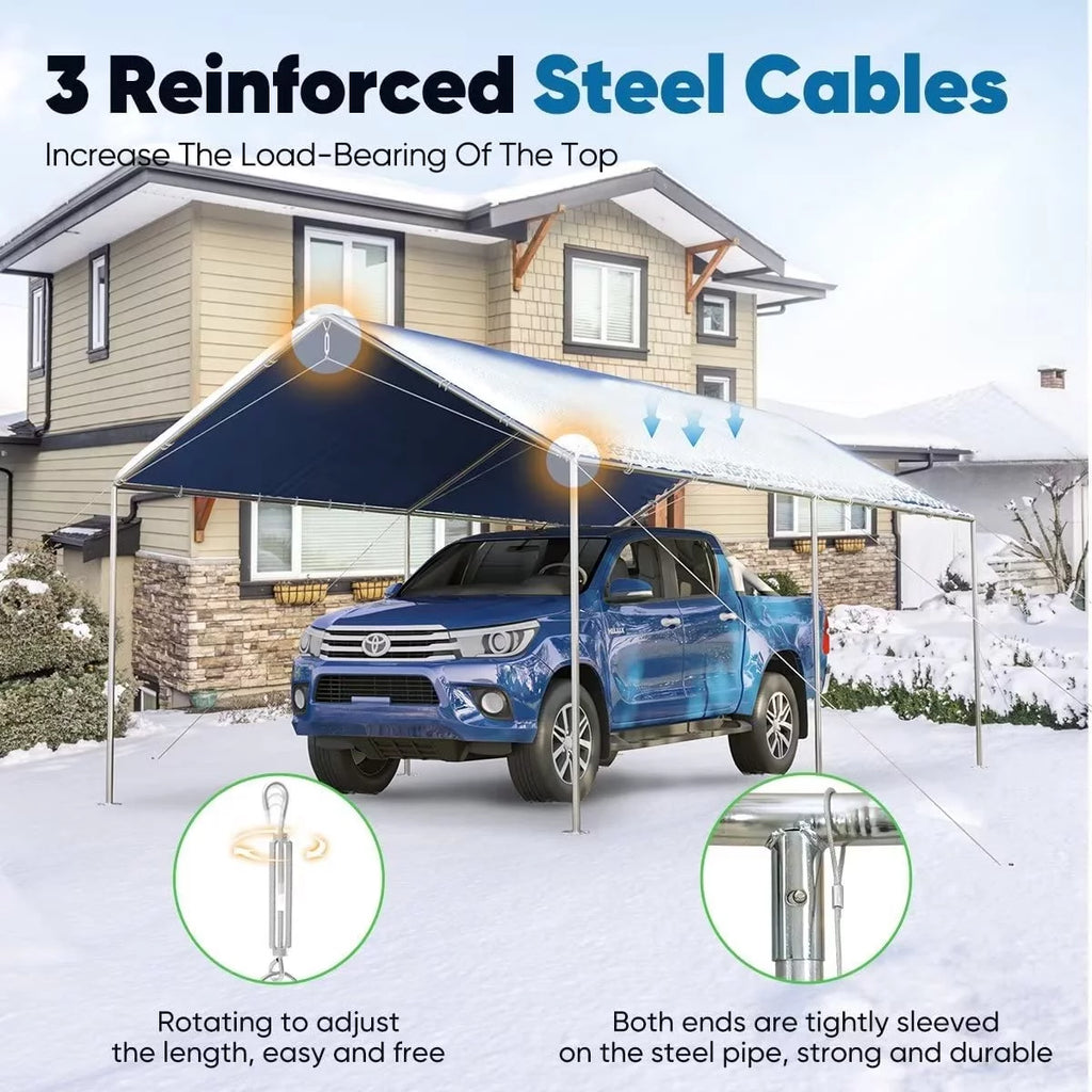 Quictent 10X20ft Upgraded Heavy Duty Car Canopy Galvanized Frame Carport Outdoor Boat Shelter with 3 Reinforced Steel Cables-Blue