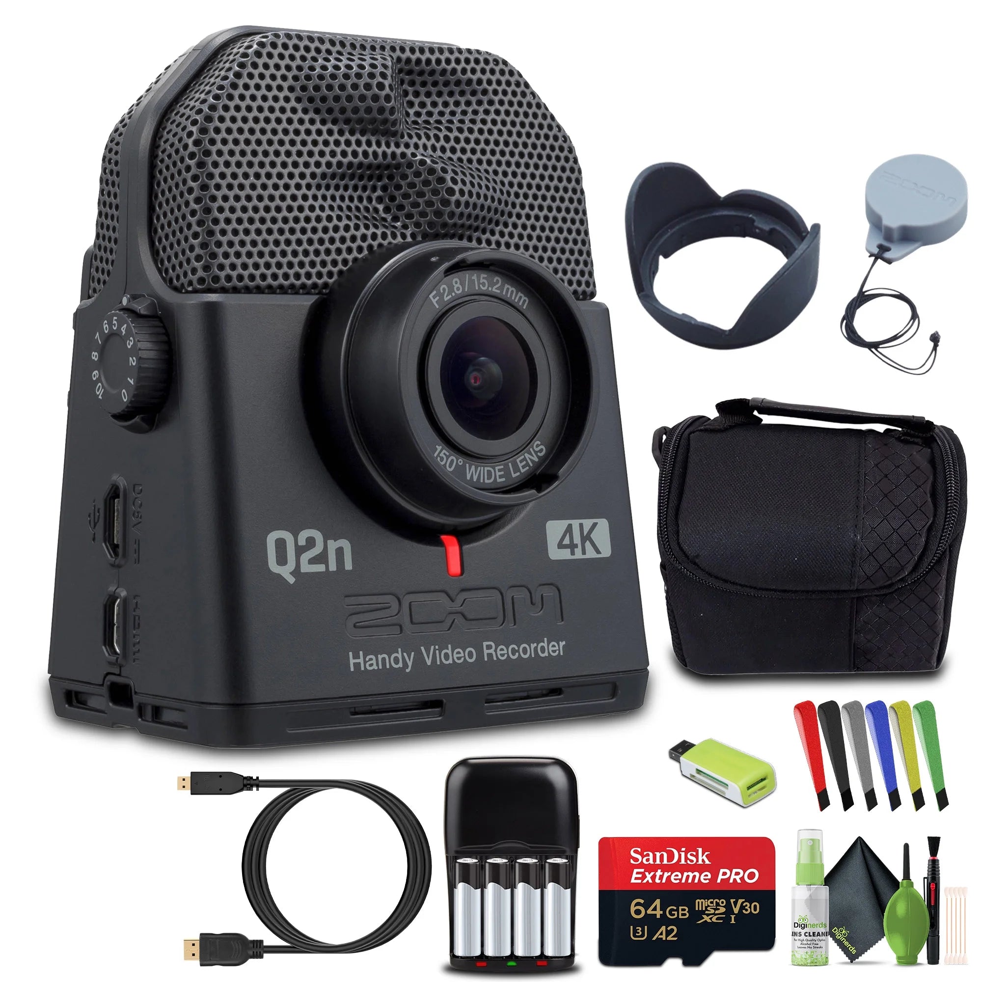 Zoom Q2n-4K Handy Video Recorder, 4K/30P UHD Video, Compact Size, Stereo Microphones, Wide Angle Lens, for Recording Music, Video, YouTube Videos, Livestreaming Bundle With Accessories