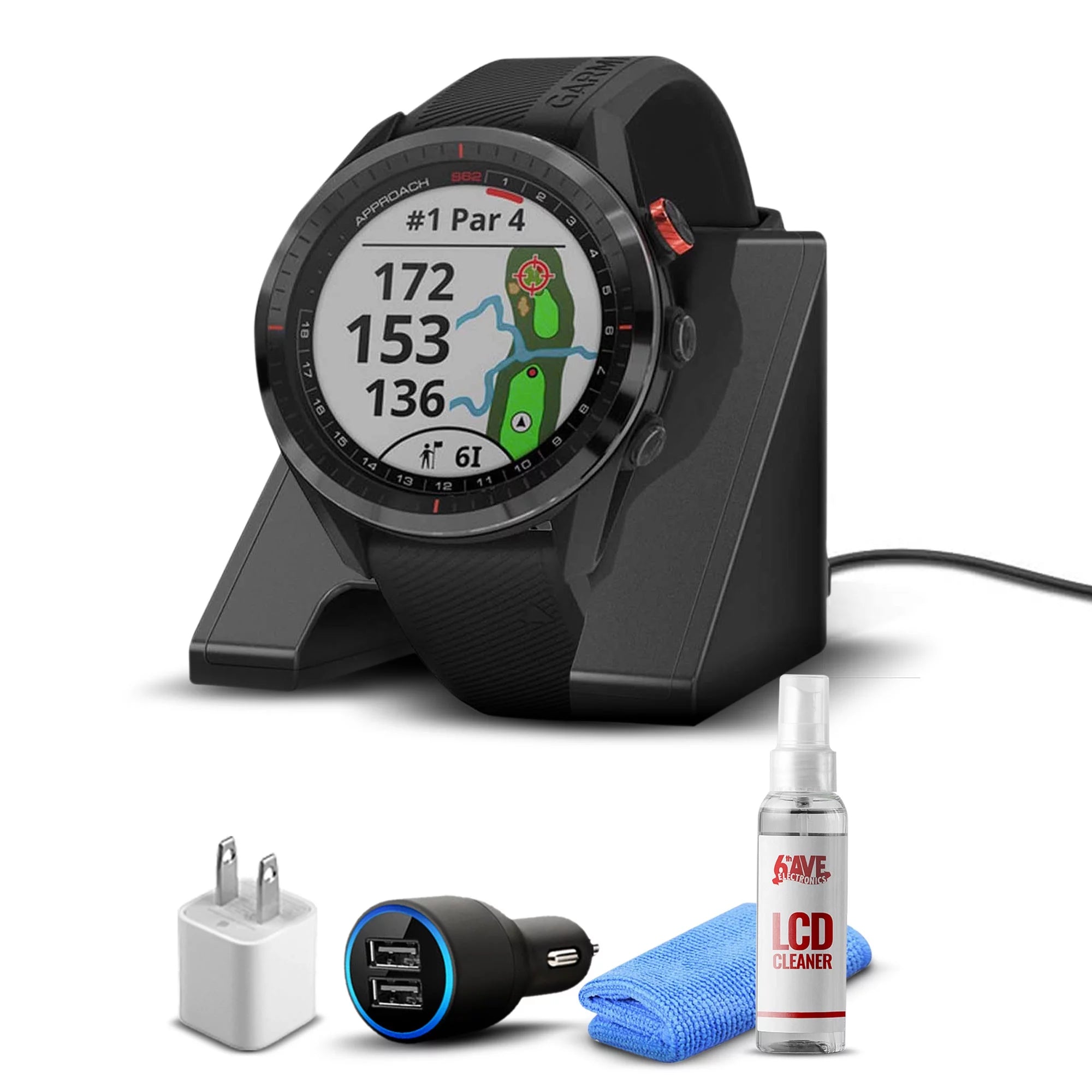Garmin Approach S62 GPS Golf Watch (Black Bezel/Black Band) W/Accessories