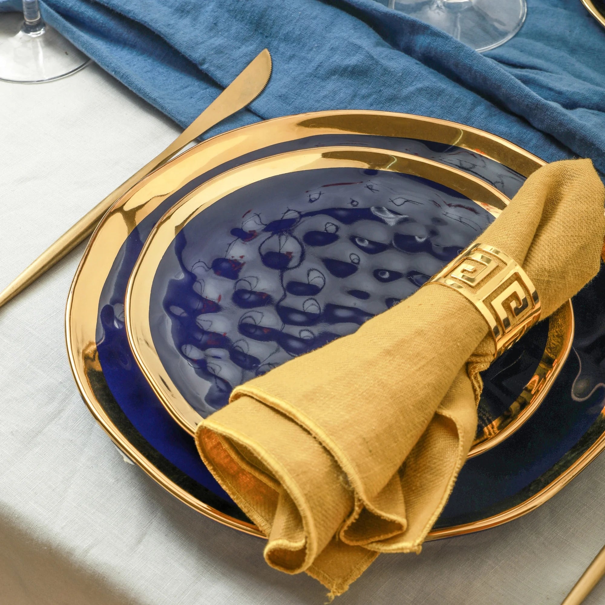 Stone Lain Florian Modern Porcelain Dish Set, 32-Piece Dishes for 8, Gold and Navy