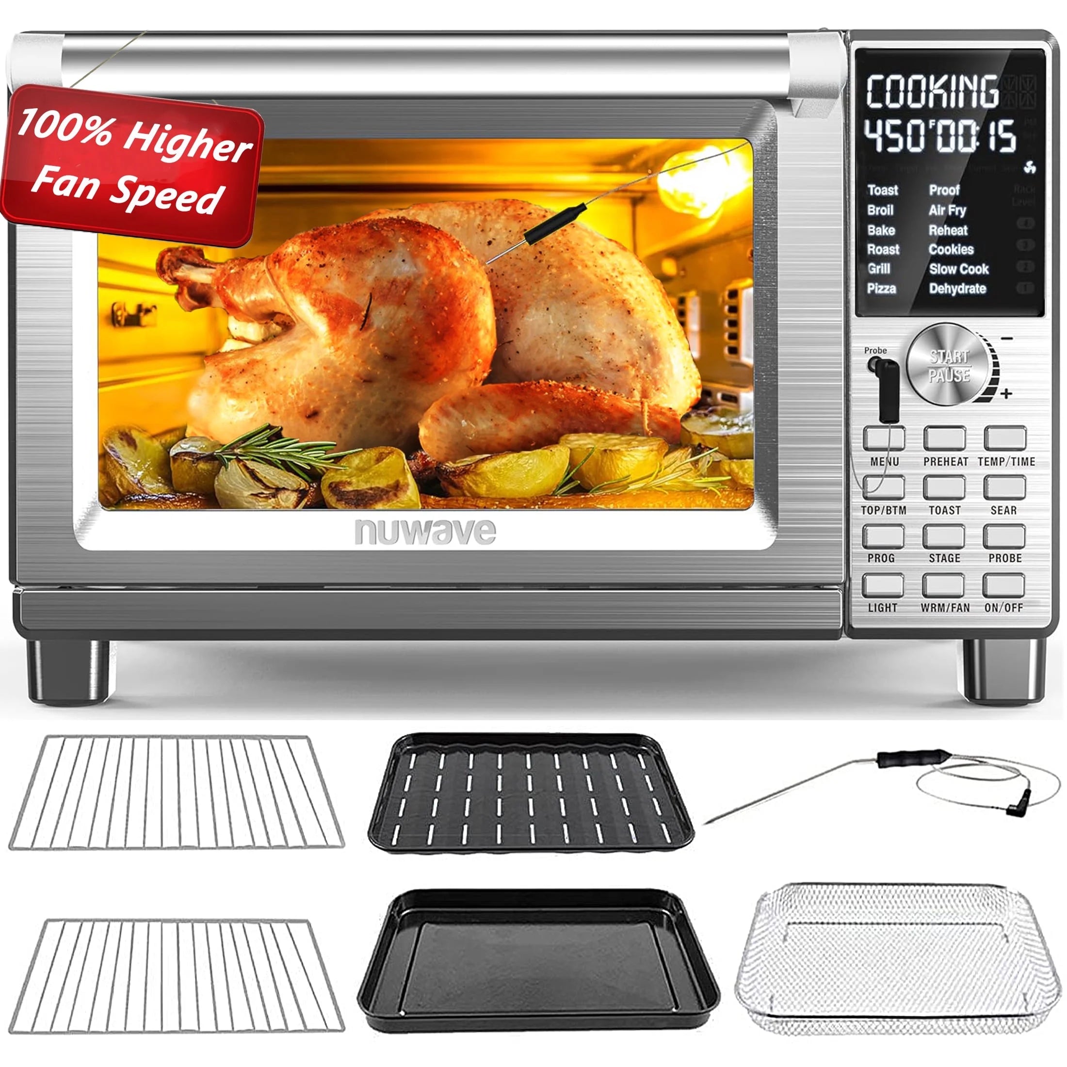 NuWave Bravo XL Pro Smart Oven 30QT 1800-Watt Stainless Steel Convection Oven 12-in-1 Air Fryer Toaster Oven, 50-500F Multi-Layer Even Cooking Toaster Oven, Toast