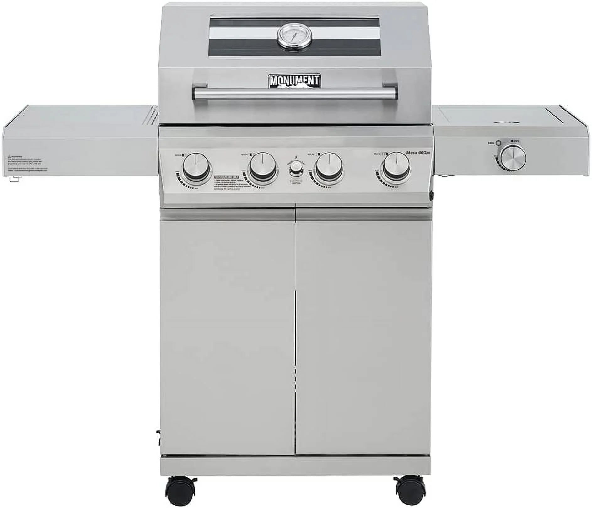 Mesa 4-Burner Propane Gas Grill in Stainless Steel with Clear View Lid, Side Burner, and LED Controls by Monument Grills