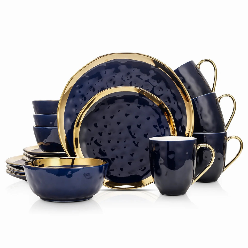 Stone Lain Florian Modern Porcelain Dish Set, 32-Piece Dishes for 8, Gold and Navy