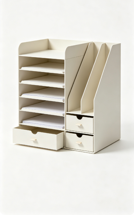 Desktop Organizer (6-Compartments, 3 Supply Drawers COMBINED with a Vertical File Topper)