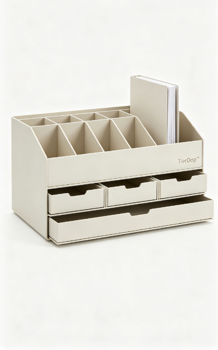 Desktop Organizer (6-Compartments, 3 Supply Drawers COMBINED with a Vertical File Topper)