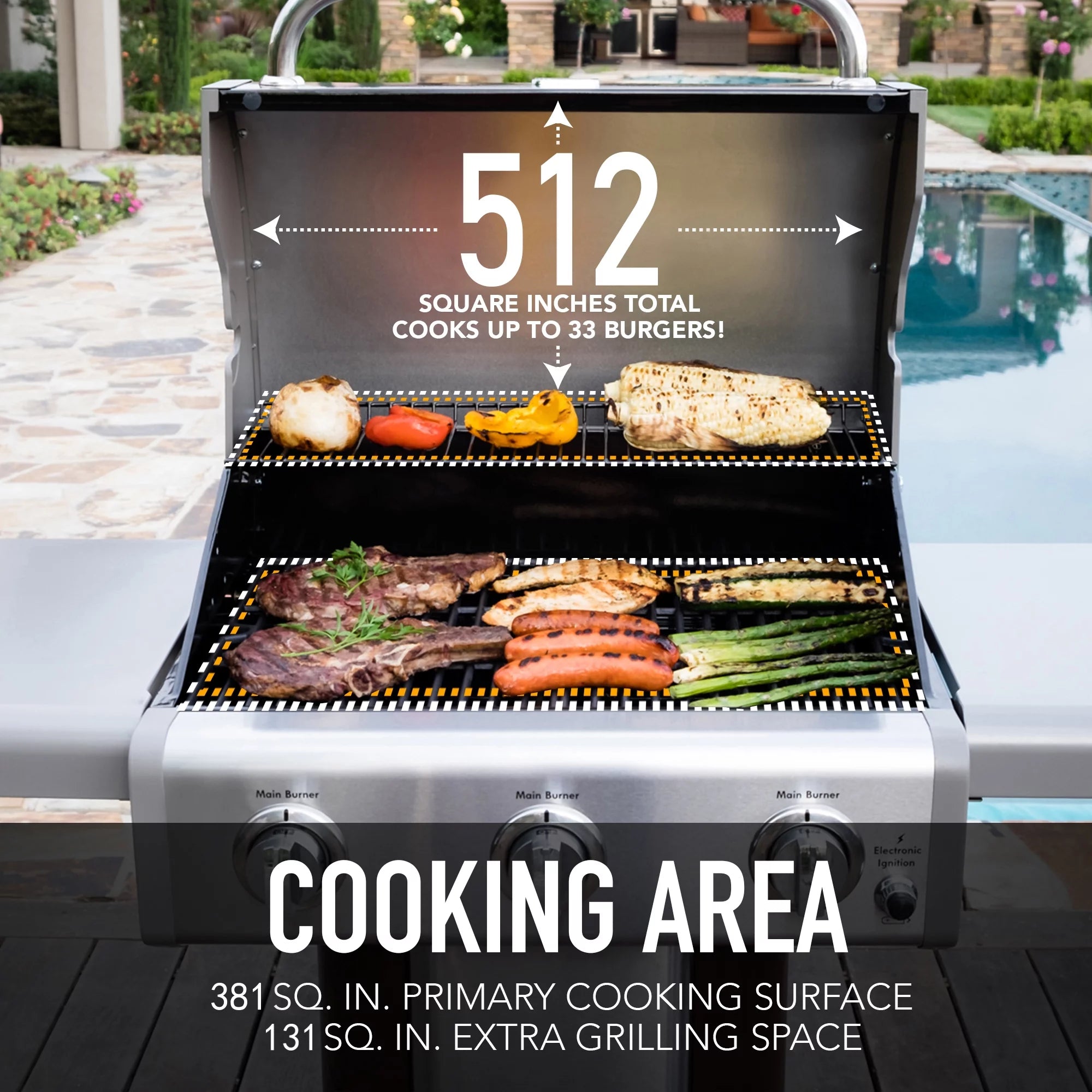 Kenmore 3-Burner Gas Grill, Outdoor BBQ Grill, Propane Grill with Foldable Side Tables, Black