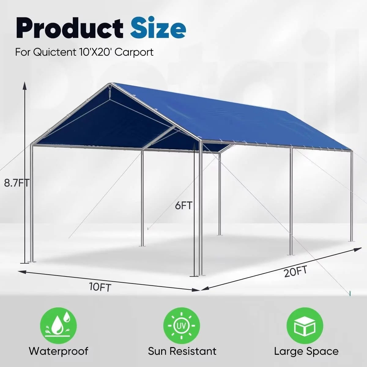Quictent 10X20ft Upgraded Heavy Duty Car Canopy Galvanized Frame Carport Outdoor Boat Shelter with 3 Reinforced Steel Cables-Blue